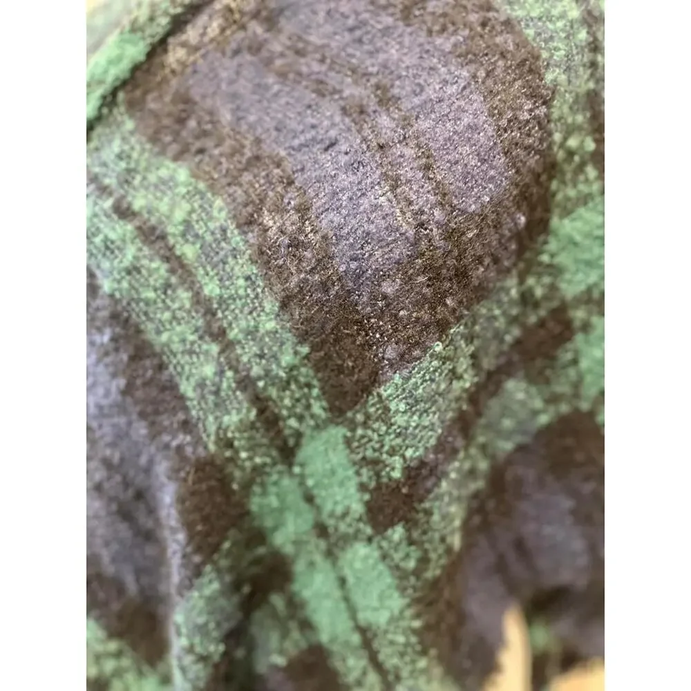 Handmade knit poncho shawl wrap fringe  green blue plaid boho indie cottagecore